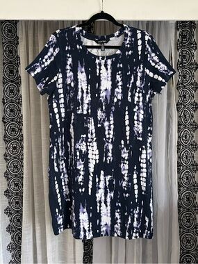 Ellen Tracy Navy and White Tie-Dye Short Sleeve Summer Dress